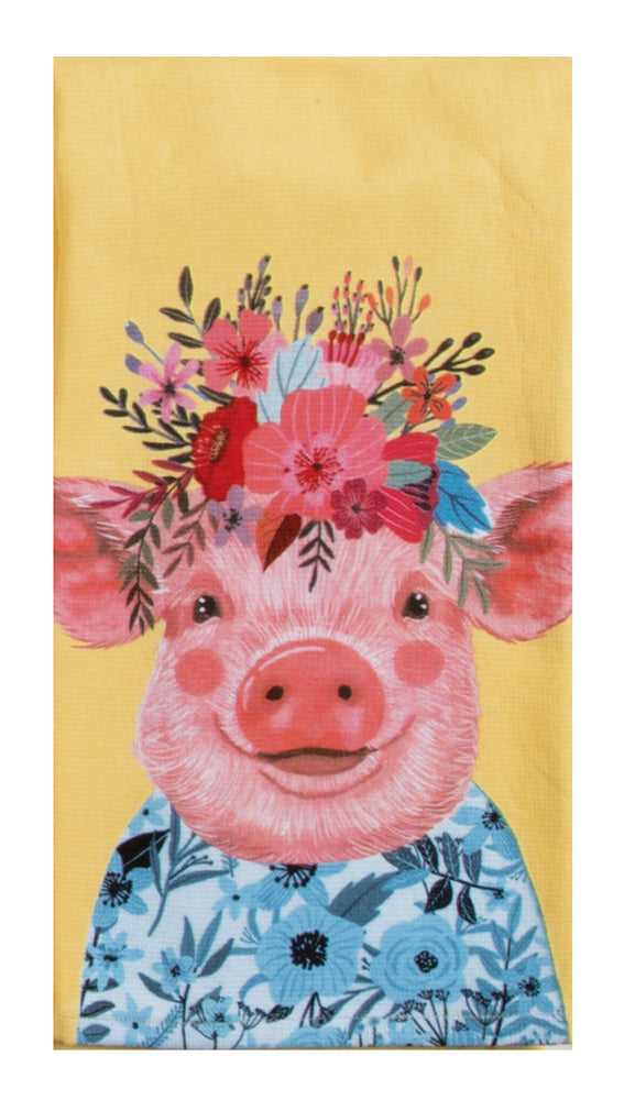 Flowers Everywhere Tea Towel Pig