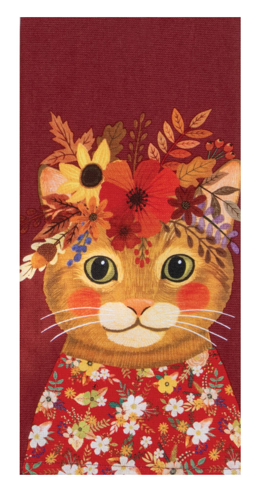 Fall Flowers Everywhere Tea Towel Cat
