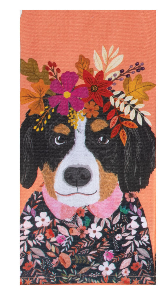 Fall Flowers Everywhere Tea Towel Dog