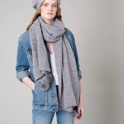 Chenille Knit Pompom Scarf